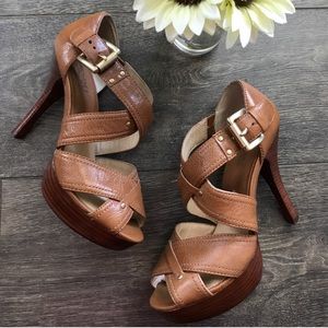 Michael Kors cross strap cognac heels